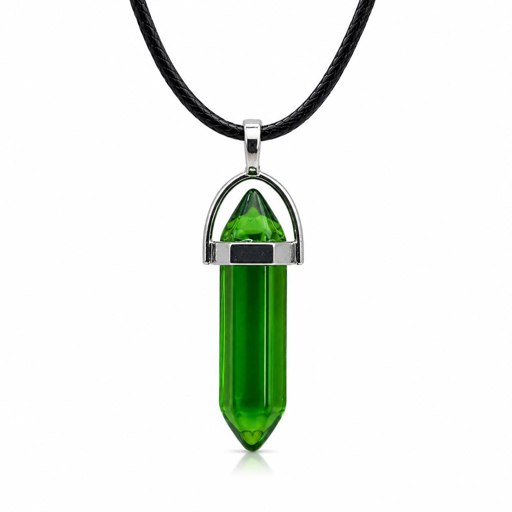 Emerald green stone crystal point pendant necklace with silver chain, crafted by Republic Mercantile, close-up view of the pendant.
