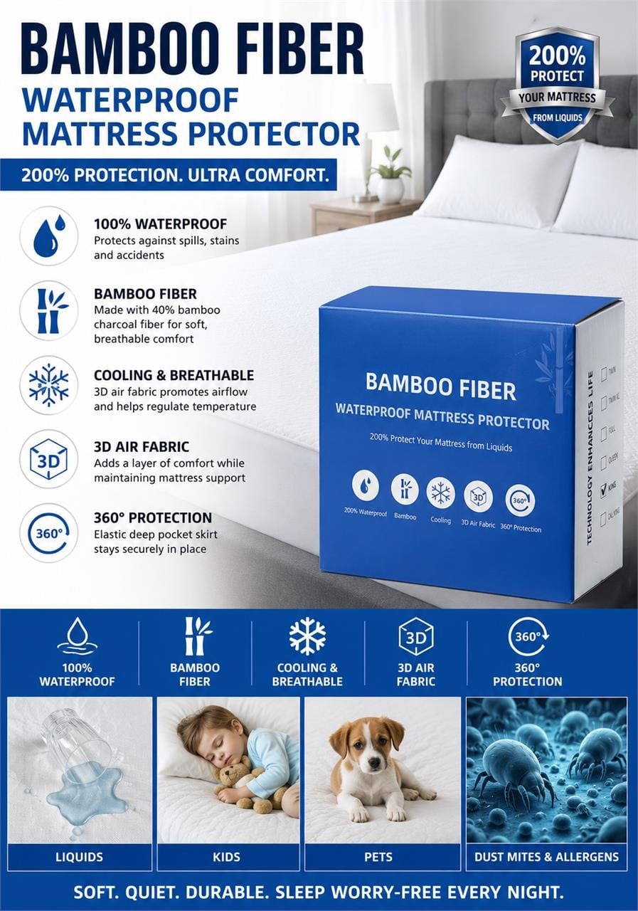 Bamboo waterproof Cali-King mattress protector by Republic Mercantile, showing soft bamboo fabric and waterproof layer under a fitted sheet.