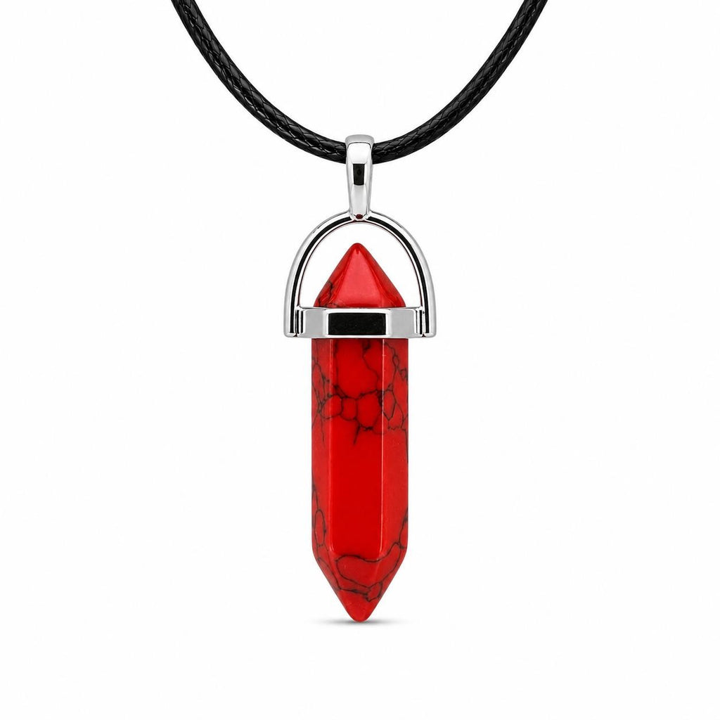 Red stone crystal point pendant necklace featuring a polished red stone crystal on a delicate chain.