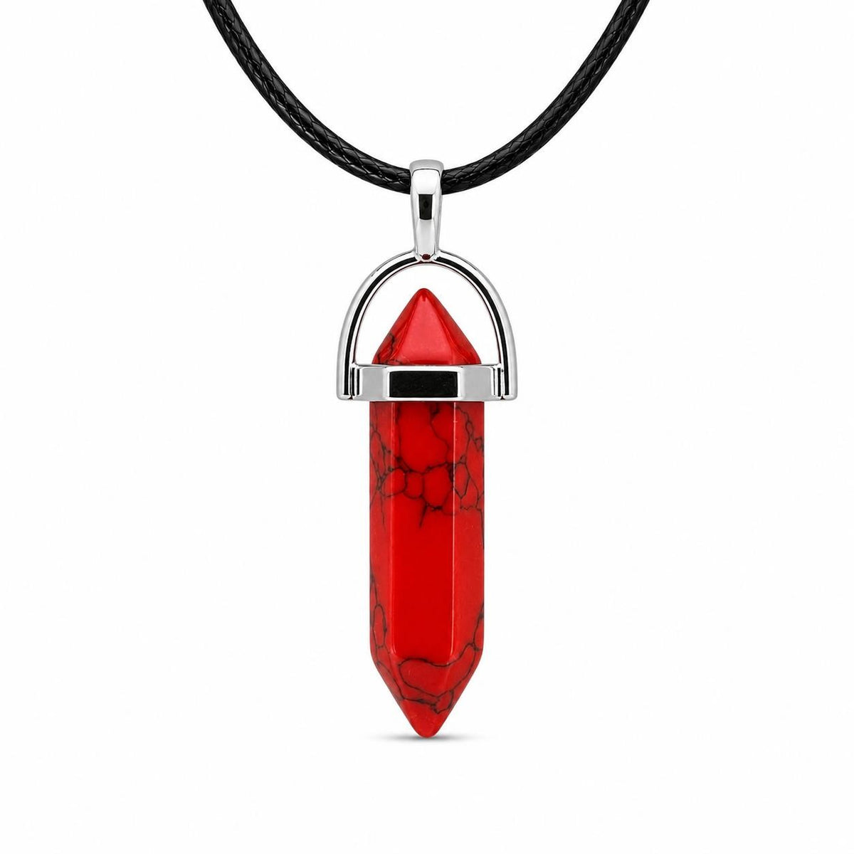 Red stone crystal point pendant necklace featuring a polished red stone crystal on a delicate chain.