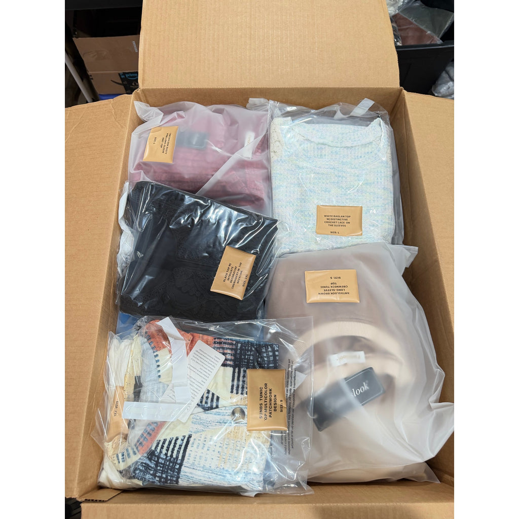 48-piece wholesale lot of Republic Mercantile long sleeve blouses and tops in a reseller box, showcasing assorted new shirts.