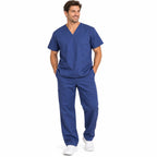 M&M men's scrub uniform with comfortable fit, featuring a pocket top and matching pants in size L, suitable for workwear.