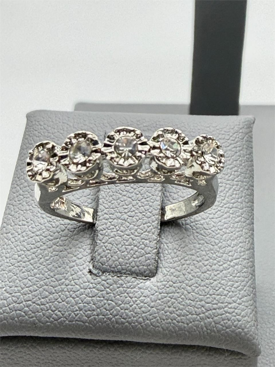 Sterling silver women's ring with five clear quartz stones, size 6, featuring a sleek and elegant design from Republic Mercantile.