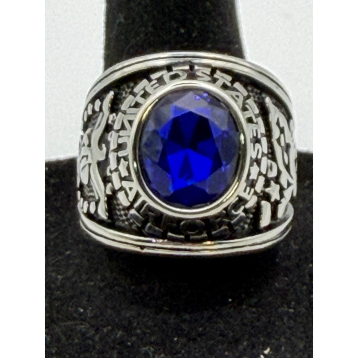Men's silver and blue US Air Force signet ring in size 9 with Republic Mercantile branding, featuring detailed military insignia.
