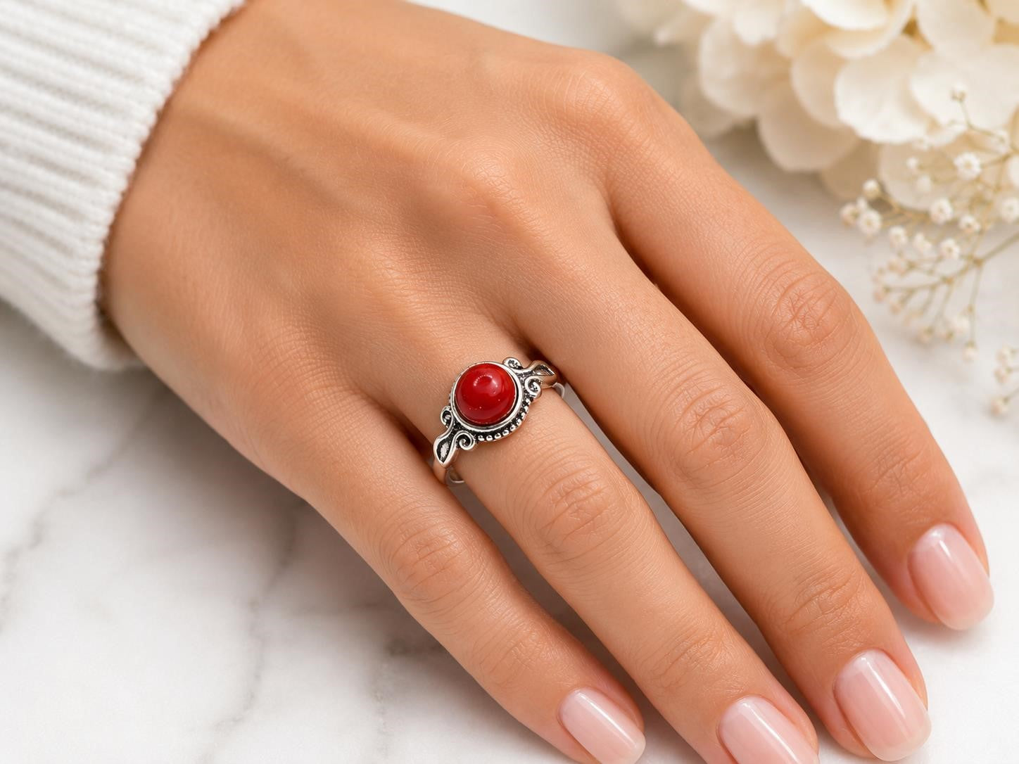 Sterling silver women's ring with a red agate gemstone in size 7, featuring a sleek and elegant design.