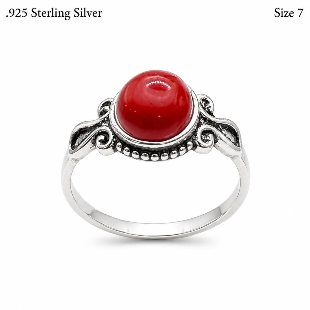 925 sterling silver women's ring with red agate gemstone, size 7, featuring a polished band and vibrant red stone.
