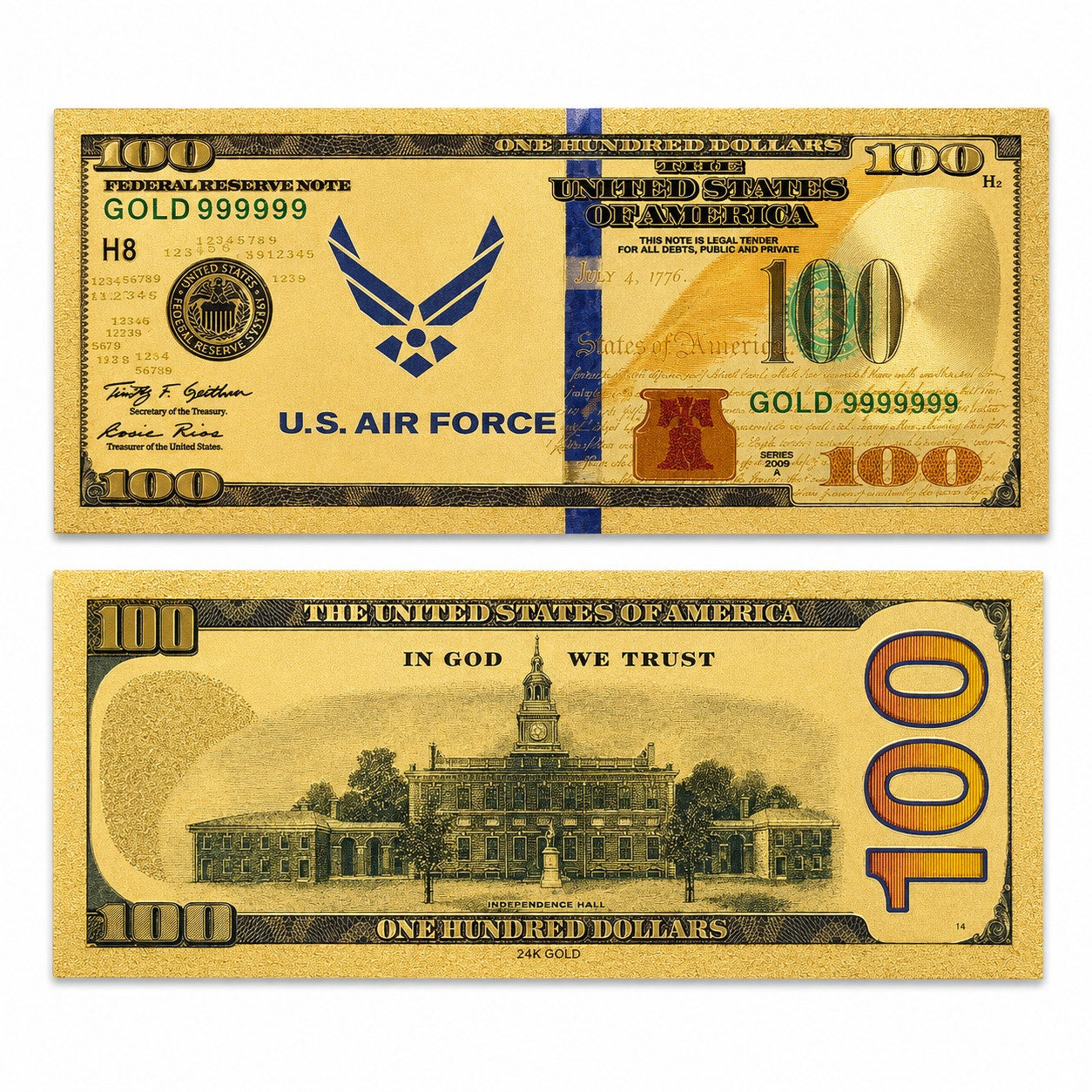 Gold-foil tribute note honoring the US Air Force, by Republic Mercantile, featuring patriotic design and commemorative details.