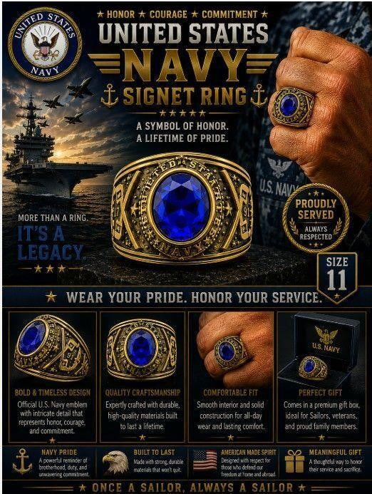 Men's US Navy signet ring in blue with size 11 from Republic Mercantile, featuring a polished navy blue band and detailed Navy emblem.