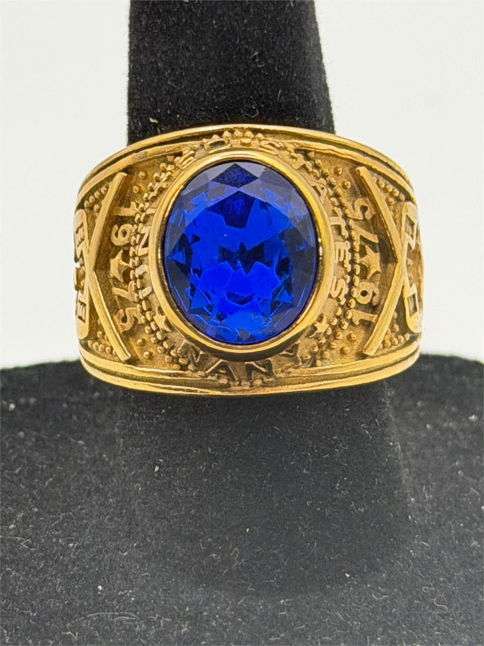 Men's US Navy signet ring in blue with size 11 from Republic Mercantile, featuring a detailed navy emblem engraved on the front.