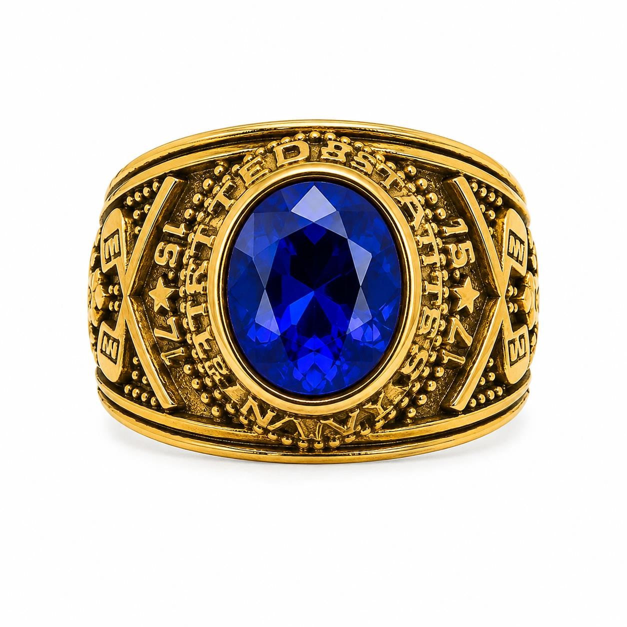 Men's US Navy Signet Ring in blue, size 11, by Republic Mercantile, featuring a polished navy blue band and detailed insignia.