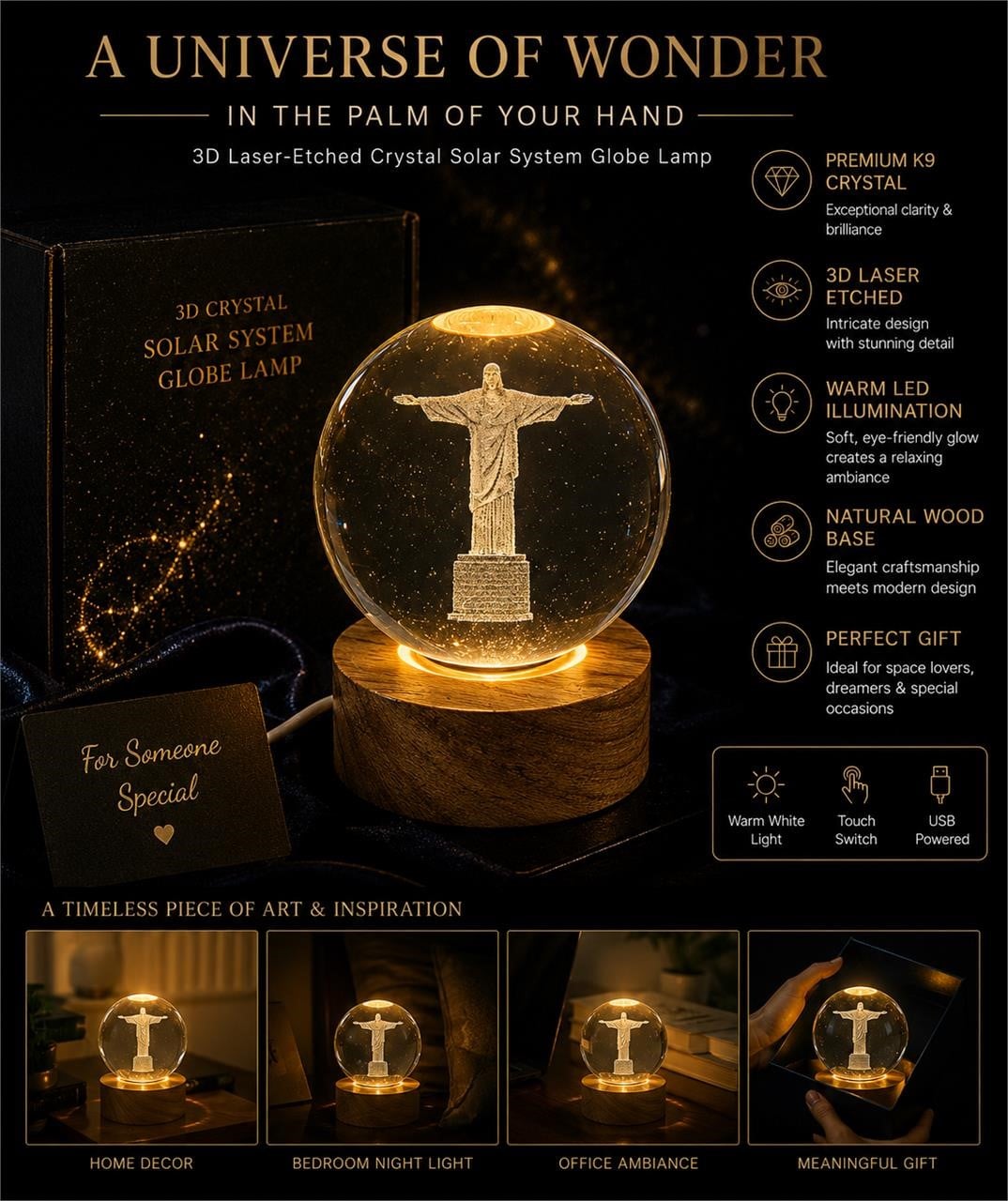 Laser etched crystal ball with LED stand featuring a Christ design, displayed on a sleek black base.
