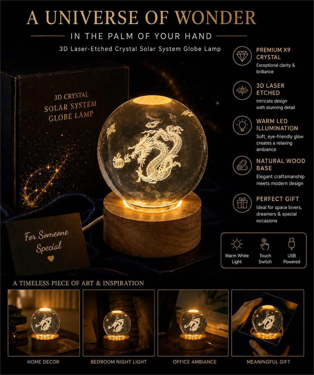 Laser etched crystal ball on LED stand featuring a detailed dragon design, from Republic Mercantile.