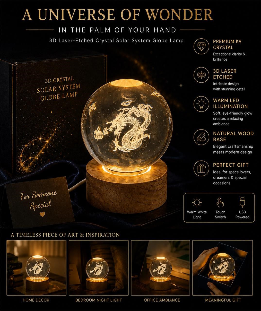 Laser etched crystal ball on LED stand featuring a detailed dragon design, from Republic Mercantile.
