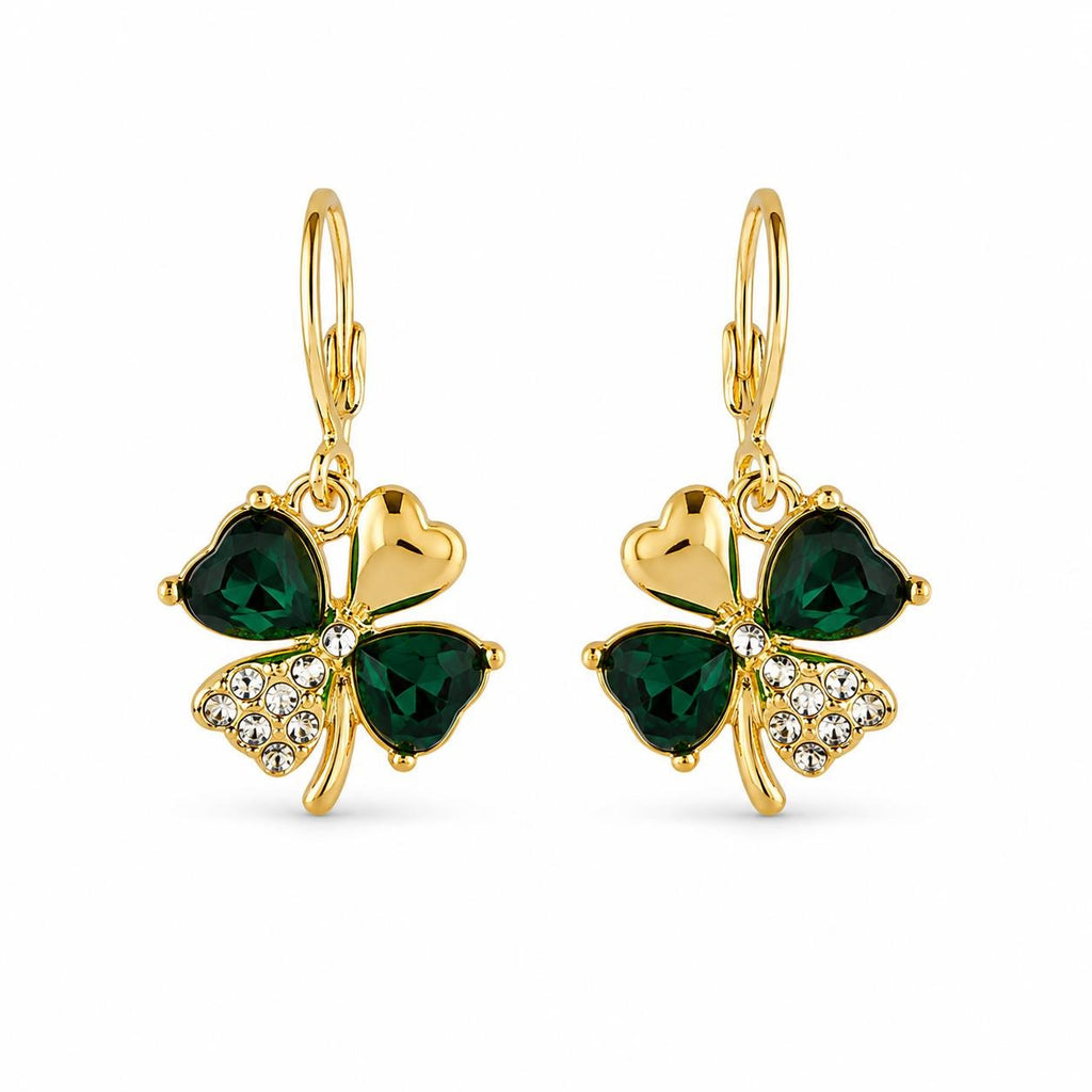 Shamrock green and gold fashion earrings featuring intricate design, crafted by Republic Mercantile, displayed on a white background.