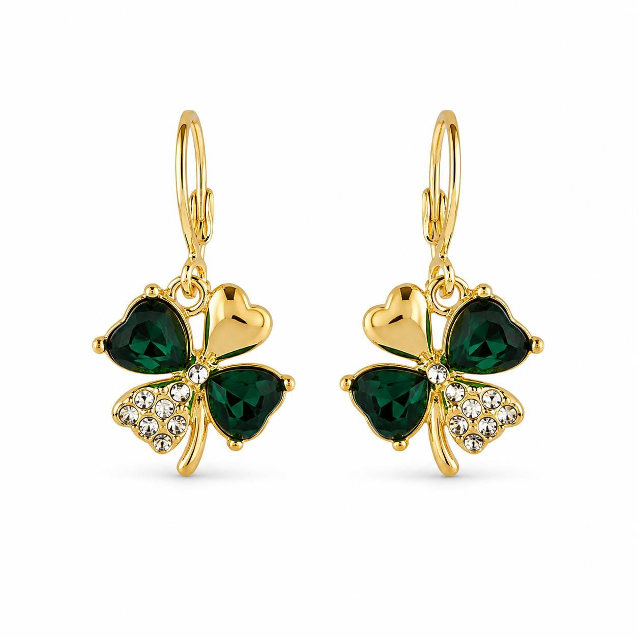 Shamrock green and gold fashion earrings featuring intricate design, crafted by Republic Mercantile, displayed on a white background.