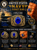 Men's US Navy Signet Ring in blue with size 12, crafted by Republic Mercantile, showing detailed navy emblem on polished metal.