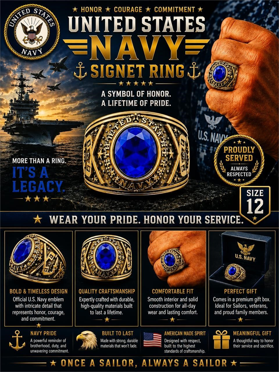 Men's US Navy Signet Ring in blue with size 12, crafted by Republic Mercantile, showing detailed navy emblem on polished metal.