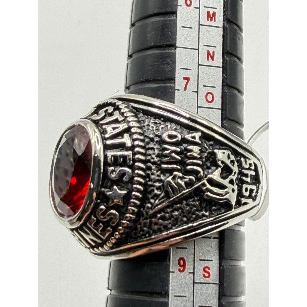 Men's US Marine Corps signet ring in silver with red accents, size 8, featuring Marine emblem and detailed engraving.