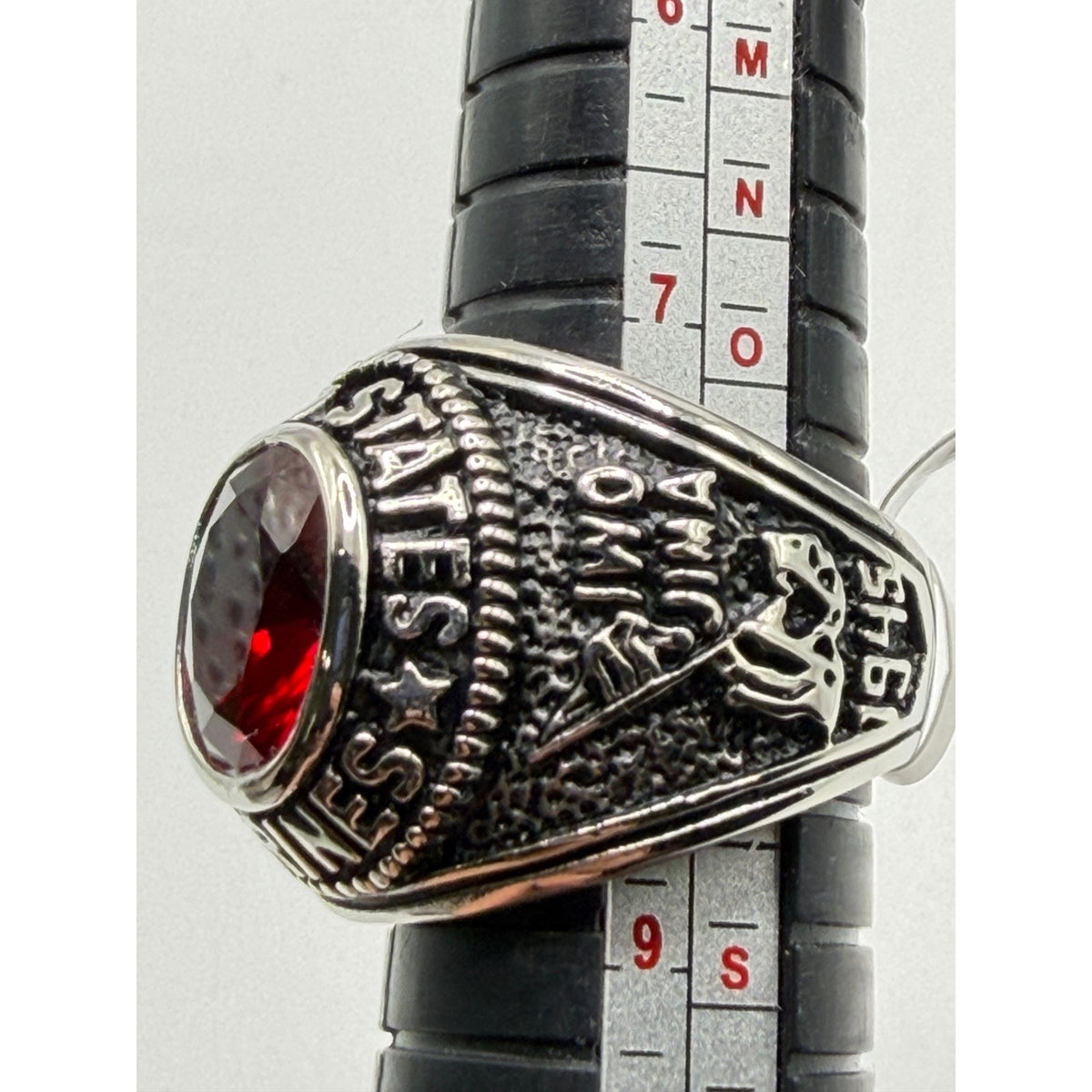 Men's US Marine Corps signet ring in silver with red accents, size 8, featuring Marine emblem and detailed engraving.