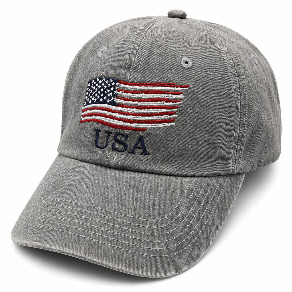 Light gray washed USA ball cap hat by Republic Mercantile, featuring a casual adjustable design and embroidered USA flag.