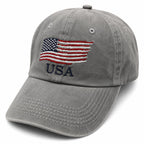Light gray washed USA ball cap hat by Republic Mercantile, featuring a casual adjustable design and embroidered USA flag.