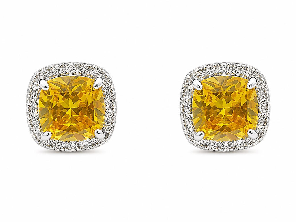 Yellow crystal stud earrings with cushion halo design by Republic Mercantile, featuring sparkling crystal stones.