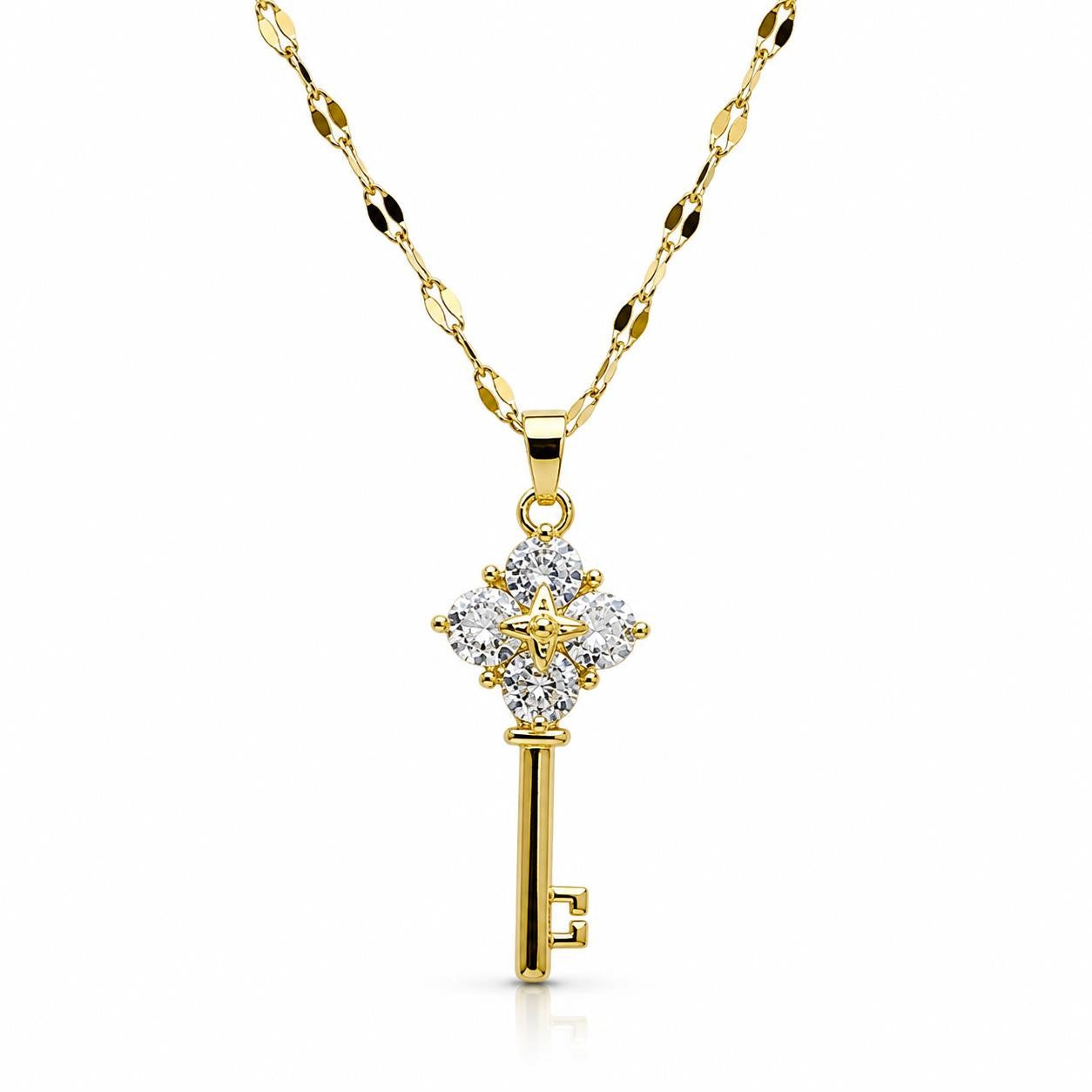 Gold tone crystal key pendant necklace with sparkling crystals and chain, stylish jewelry piece by Republic Mercantile.