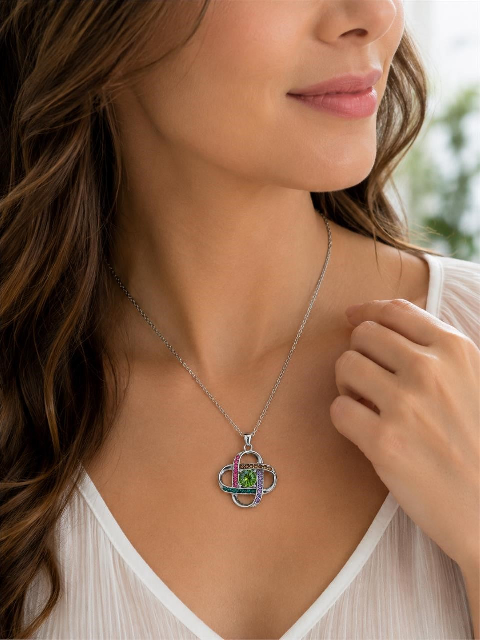 Multicolor crystal gem pendant necklace with sparkling stones and silver chain, stylish jewelry from Republic Mercantile.