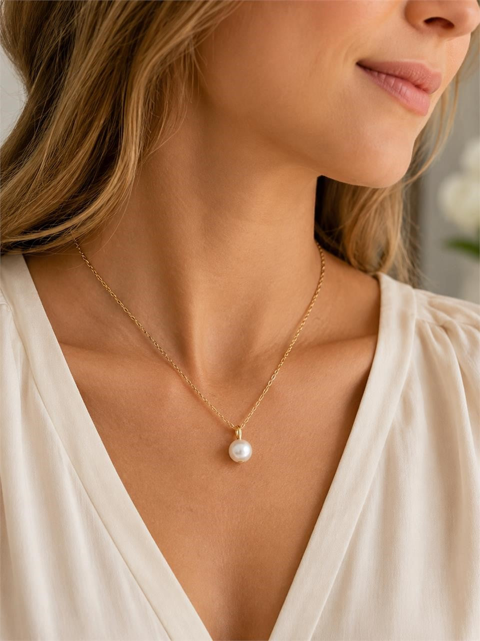 Gold tone chain necklace with single pearl pendant, fashion jewelry by Republic Mercantile.