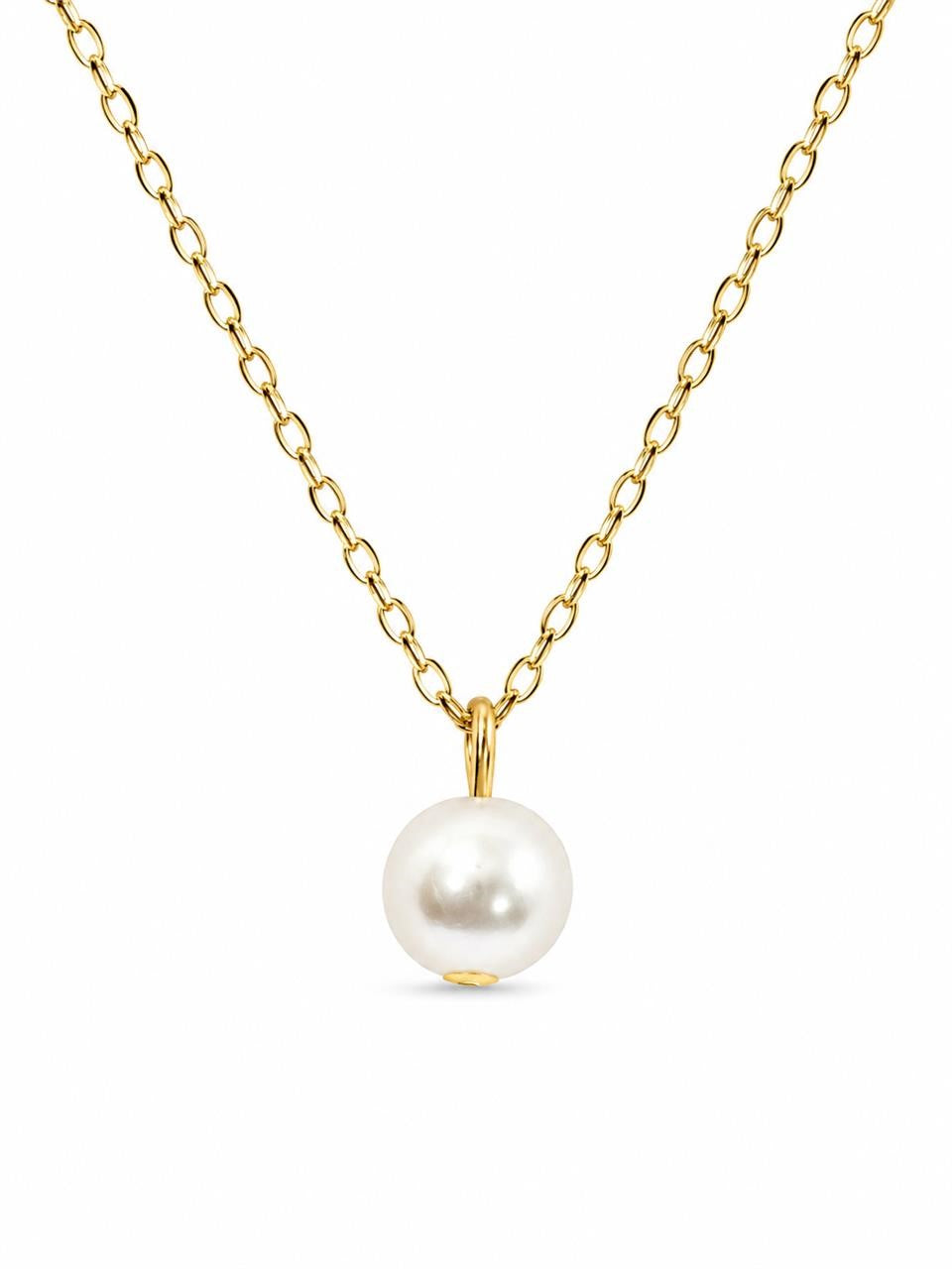 Gold tone chain necklace with a single pearl pendant, stylish fashion jewelry by Republic Mercantile.