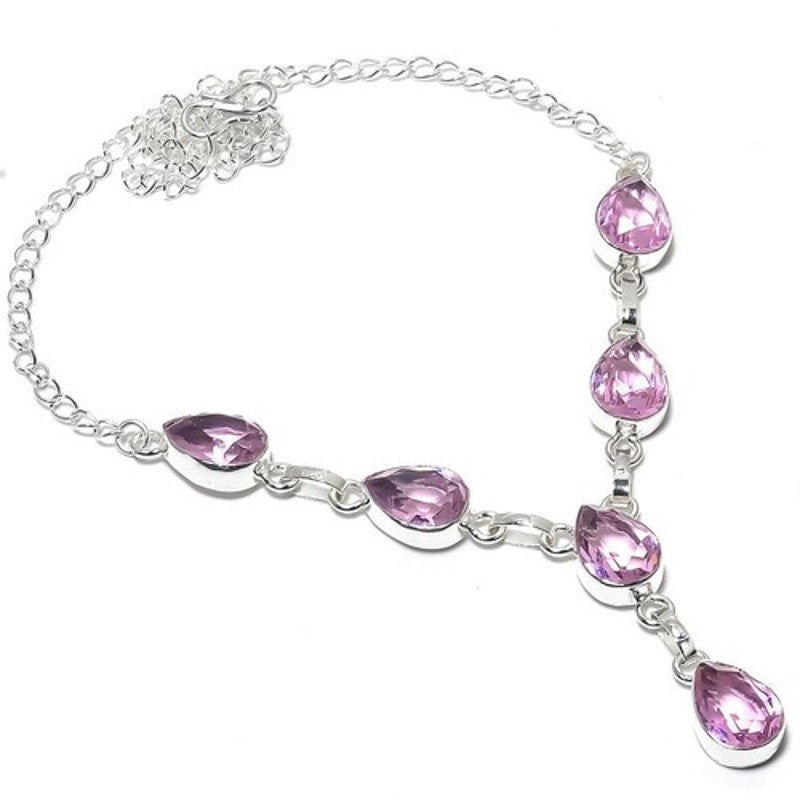 Pink Pear Kunzite Gemstone Handmade 925 Sterling Silver Plated Jewelry Necklace