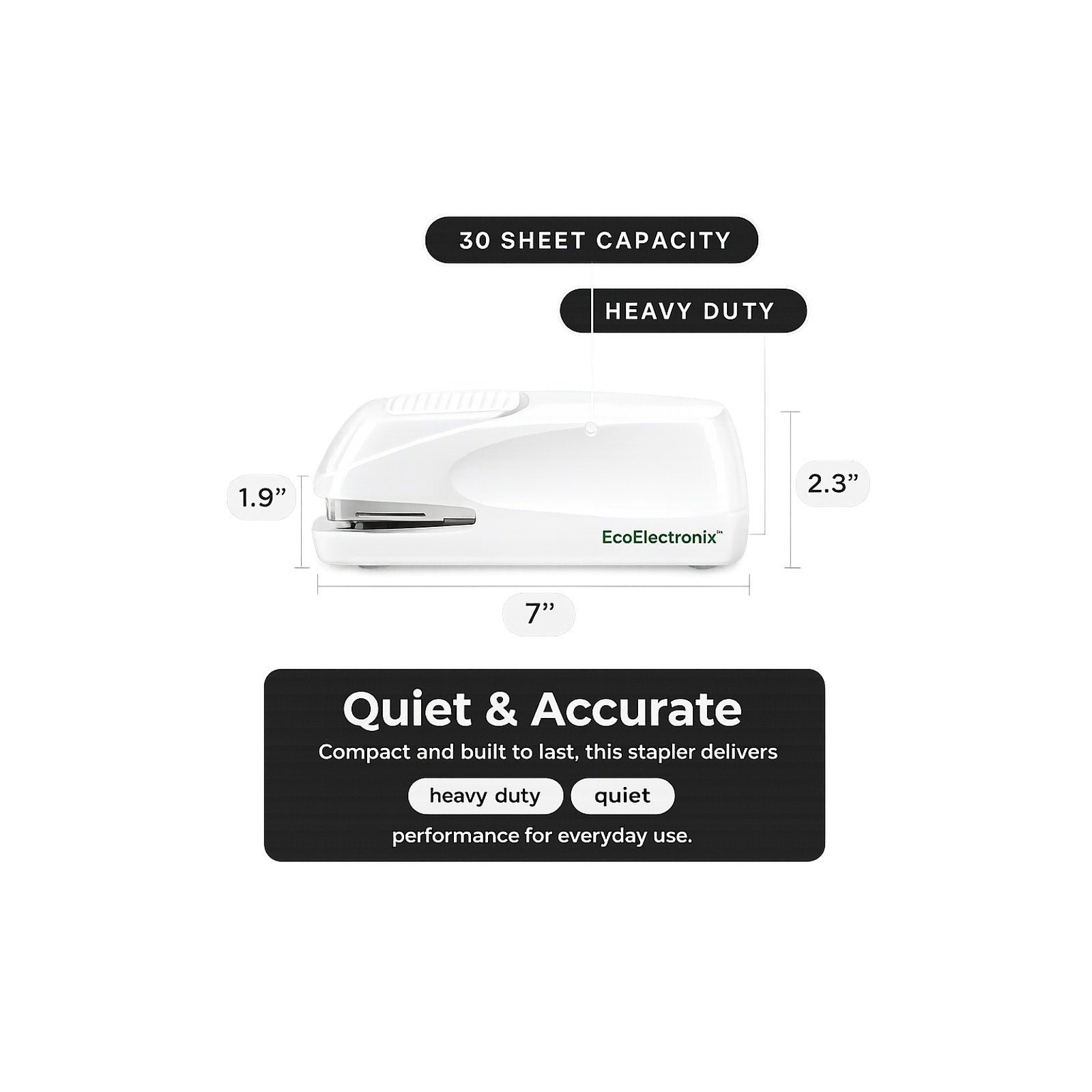 EcoElectronix Automatic Electric Stapler 30-Sheet Jam-Free AC/Battery (WHITE)