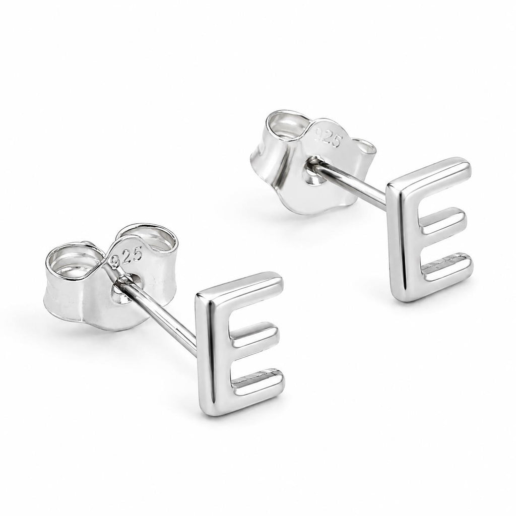 Silver plated letter "E" earrings by Republic Mercantile, featuring a stylish Mumreues design with detailed craftsmanship.