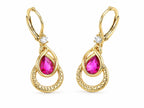 Pink teardrop gemstone earrings with 14k gold plating, featuring a delicate, elegant design and secure hooks.
