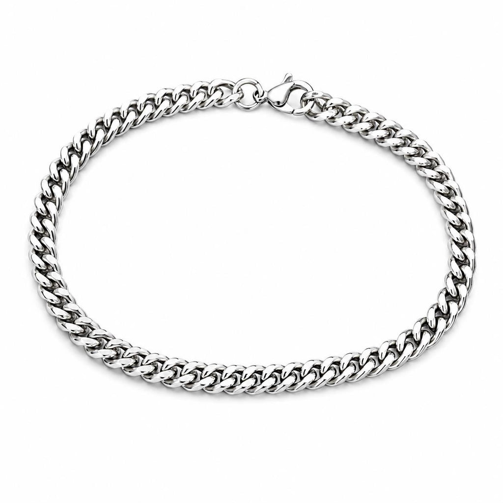 Silver toned men's chain bracelet with a sleek, modern design, featuring interconnected links and a polished finish.