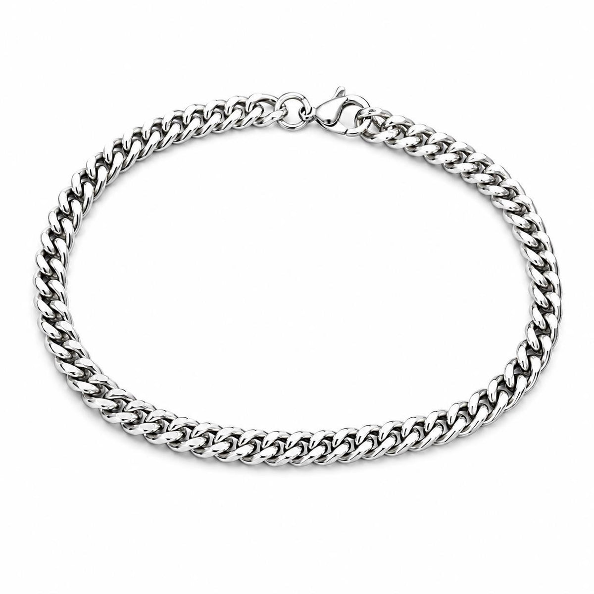 Silver toned men's chain bracelet with a sleek, modern design, featuring interconnected links and a polished finish.
