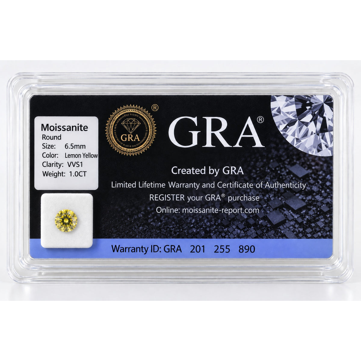 1CT Yellow Moissanite Round 6.5mm VVS1 Loose Gemstone GRA Card & Case Certified