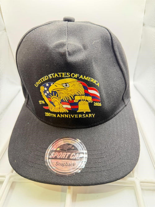 Black 250th Anniversary Snapback ball cap with embroidered logo, adjustable strap, and flat brim.