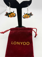 Lonyoo Halloween pumpkin and black cat earrings featuring orange pumpkins and black cats on silver hooks.