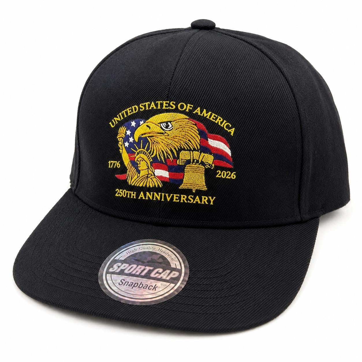 Black 250th Anniversary Snapback ball cap with embroidered logo, adjustable snapback closure, and classic flat brim.