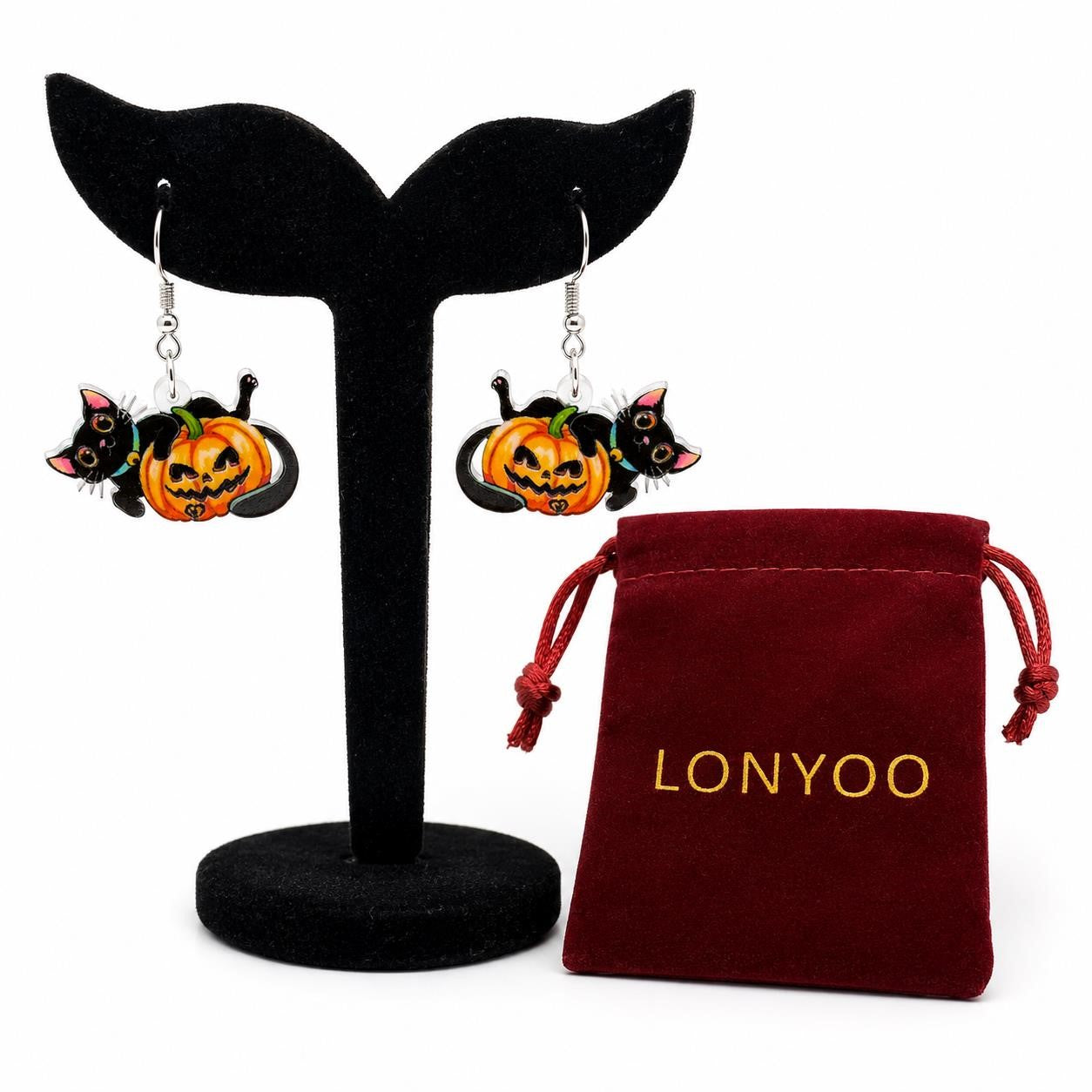 Lonyoo Halloween pumpkin and black cat earrings featuring orange pumpkins and black cats on silver hooks for festive style.