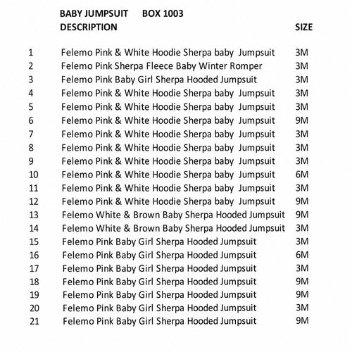 Pink and white infant jumpsuits from Republic Mercantile's 21-piece wholesale reseller box, neatly arranged in the box.