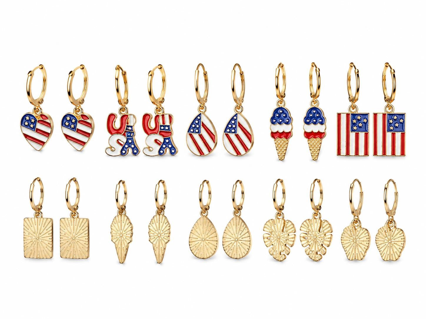 Gold-tone USA flag earrings from Republic Mercantile, featuring five sets of patriotic jewelry with detailed flag design.