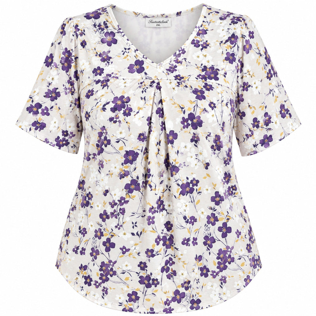 Fantaslook women's dressy blouse top with V-neck and short sleeves, size XXL, stylish tunic for casual or formal wear.