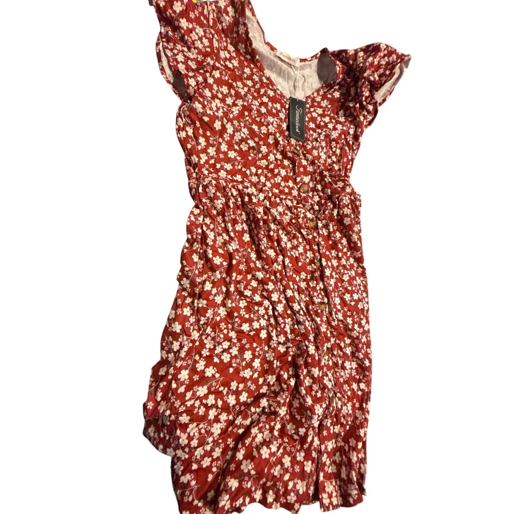 Fantaslook women's summer floral midi dress with V-neck, ruffle sleeves, and pockets in size L, displayed on a hanger.