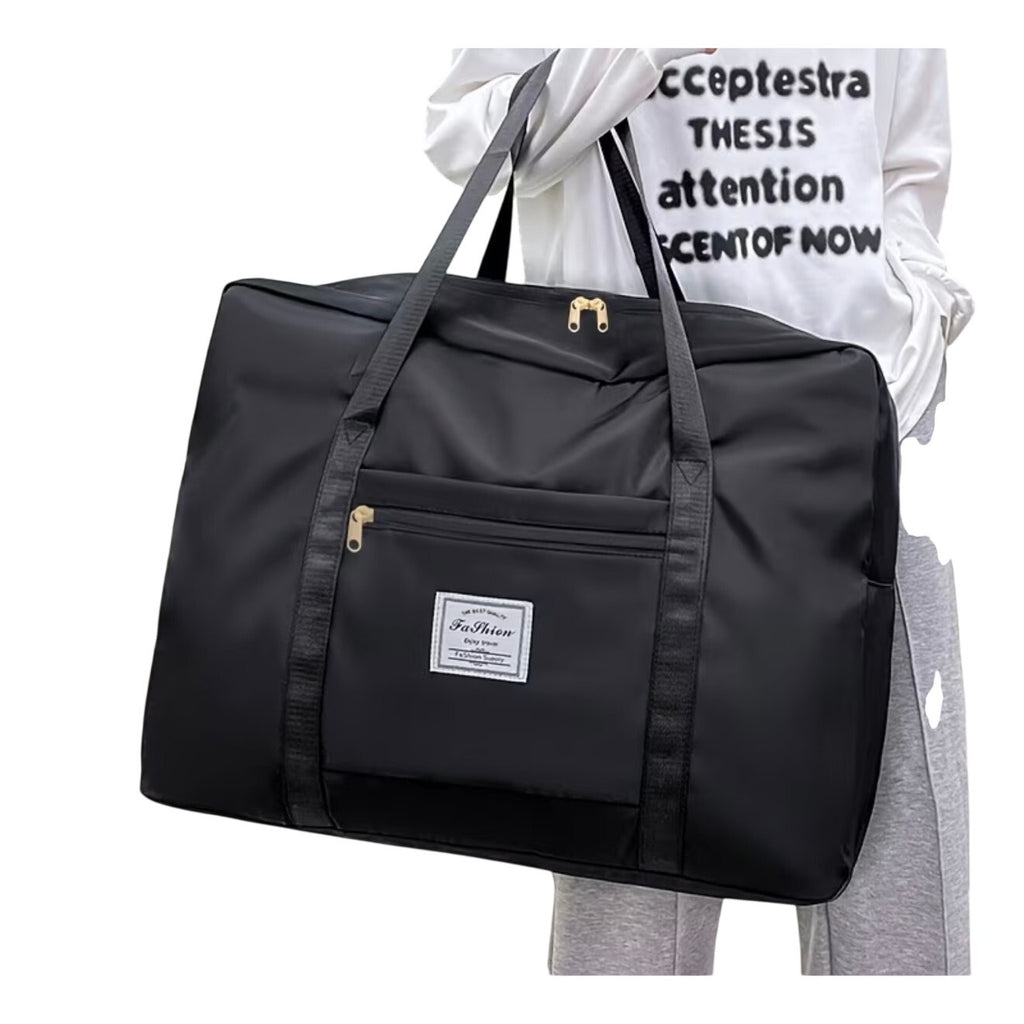 Black foldable tote bag for travel, 13x16x4.5 inches, by Nice Travel, shown open with handles and compact folded design.