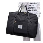 Black foldable tote bag for travel, 13x16x4.5 inches, by Nice Travel, shown open with handles and compact folded design.