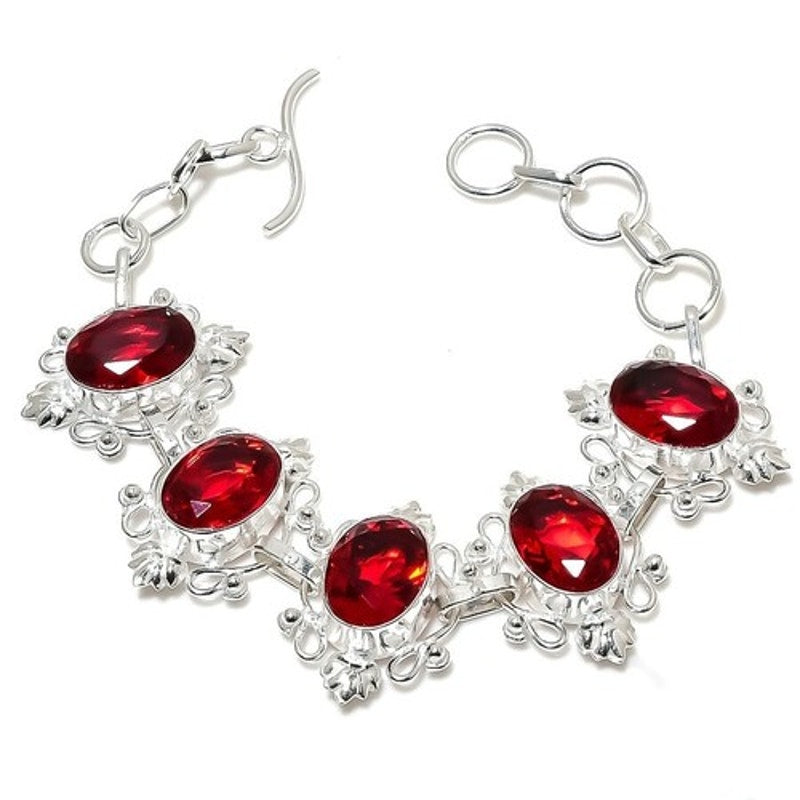 Red Oval Garnet Gemstone 925 Sterling Silver Plated Jewelry Bracelet Handmade