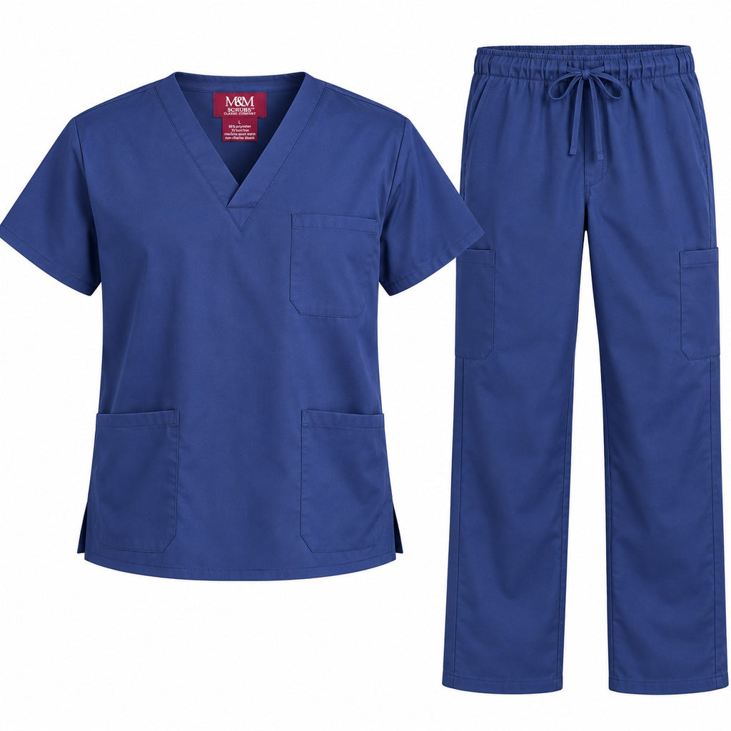 M&M men's scrubs uniform with comfortable fit workwear pocket top and matching pants in size L, shown on a mannequin.