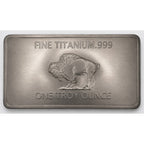Close-up of a 1 oz .999 fine titanium collectible bar by CMC Mint, showing the textured surface and engraved details.